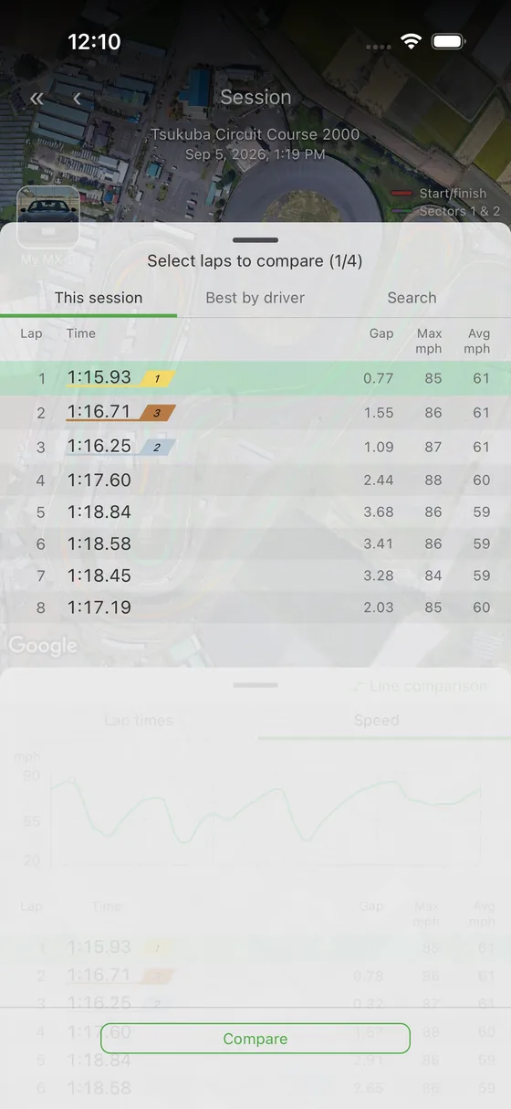 The sheet for choosing laps to compare