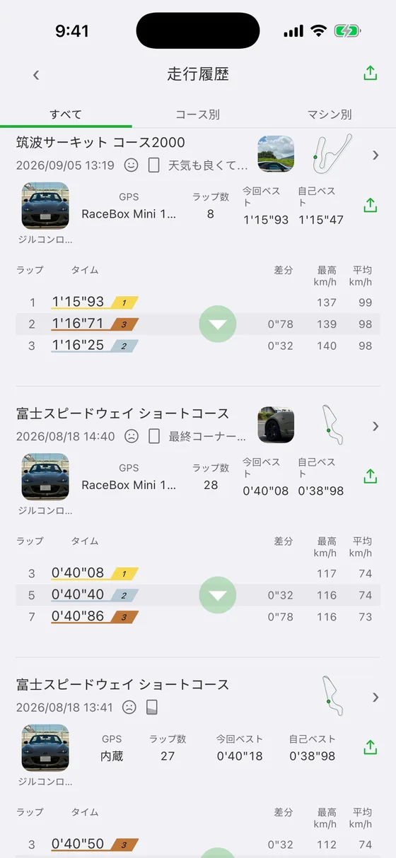 走行履歴の一覧